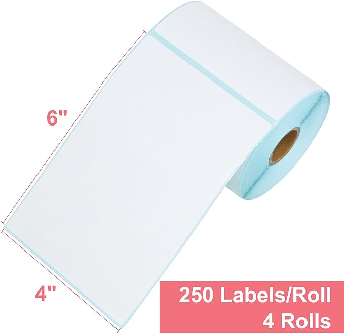 L LIKED 4"x6" Direct Thermal Labels, 1000 PCS White Perforated & Strong Adhesive Shipping Labels, 250 Labels per Roll, for Address Barcode Mailing (4 Rolls)