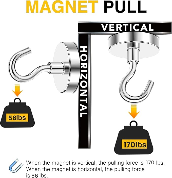 DIYMAG Strong Neodymium Magnetic Hooks, 170 Lbs Heavy Duty Rare Earth Magnets with Hook, Strong Corrosion Protection Facilitate Hook 12 Packs