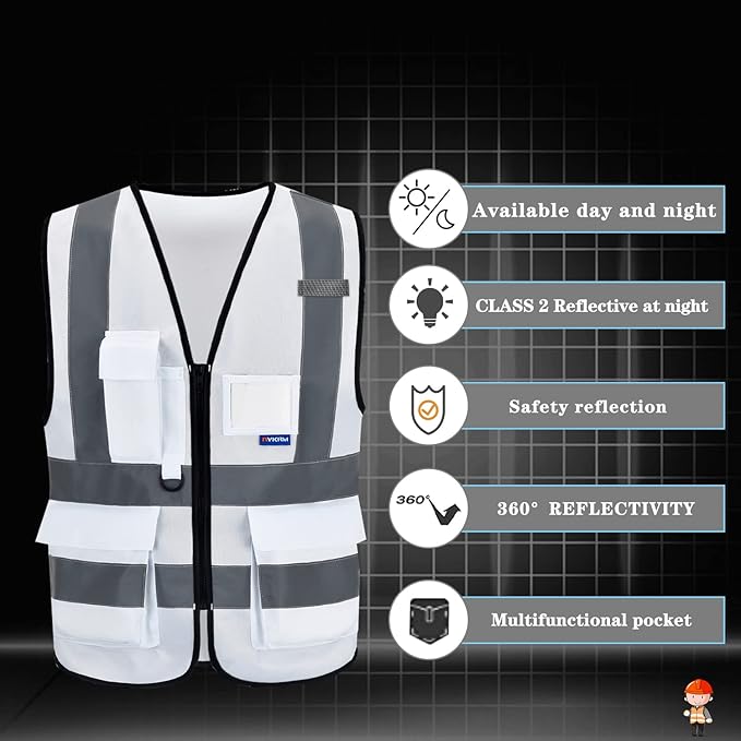 A-SAFETY XSmall White High Visibility Safety Vest with 4 Reflective Strips 7 Pockets,White X-Small