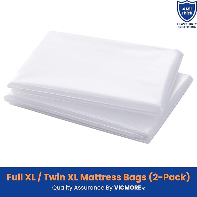 VICMORE Heavy Duty Mattress Bags 2-Pack - 4 Mil Plastic Covers for Moving & Storage, Waterproof, Tear-Resistant Protector Fits Twin XL/Full XL Mattress & Box Spring (Odorless, Recyclable)