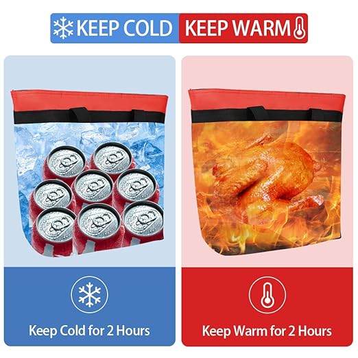 2Pk Insulated Reusable Tote Bag for Grocery Shopping for Women, Pizza/Food Delivery Bag to Keep Food Cold/Hot for Professional Catering, Cooler bags for Travel/Beach/Picnic, Red