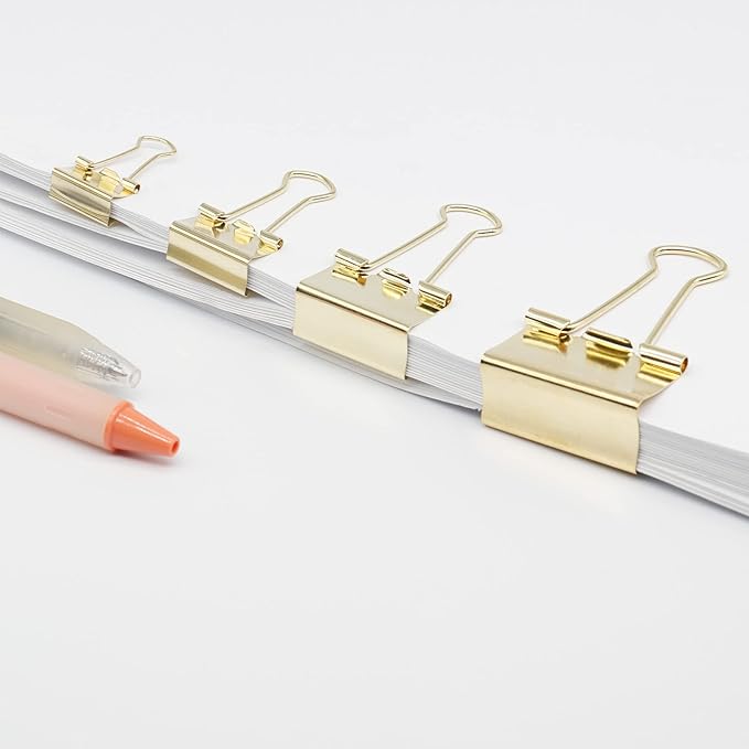 Gold Binder Clip, Paper Binder Clips, Paper Clamps Assorted Sizes, (Large, Medium, Small, X-Small) Paperclips for Office School, 100 Pack (New Version)