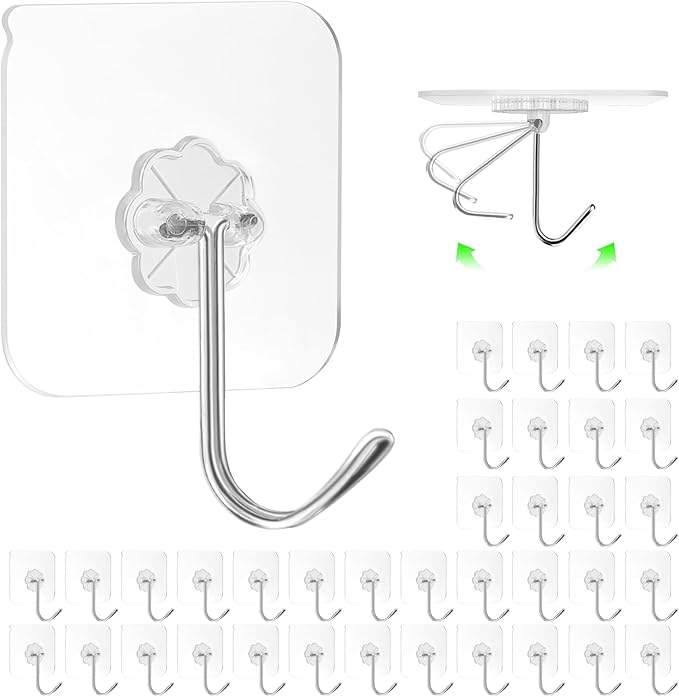 ZESLMG Heavy Duty Sticky Wall Hooks for Hanging, 36 Pack Self Adhesive Hooks 44lb Clear, Removable Large Shower Hook No Damage for Towel Key Coat Picture Wreath Outdoor Bathroom Kitchen, Waterproof