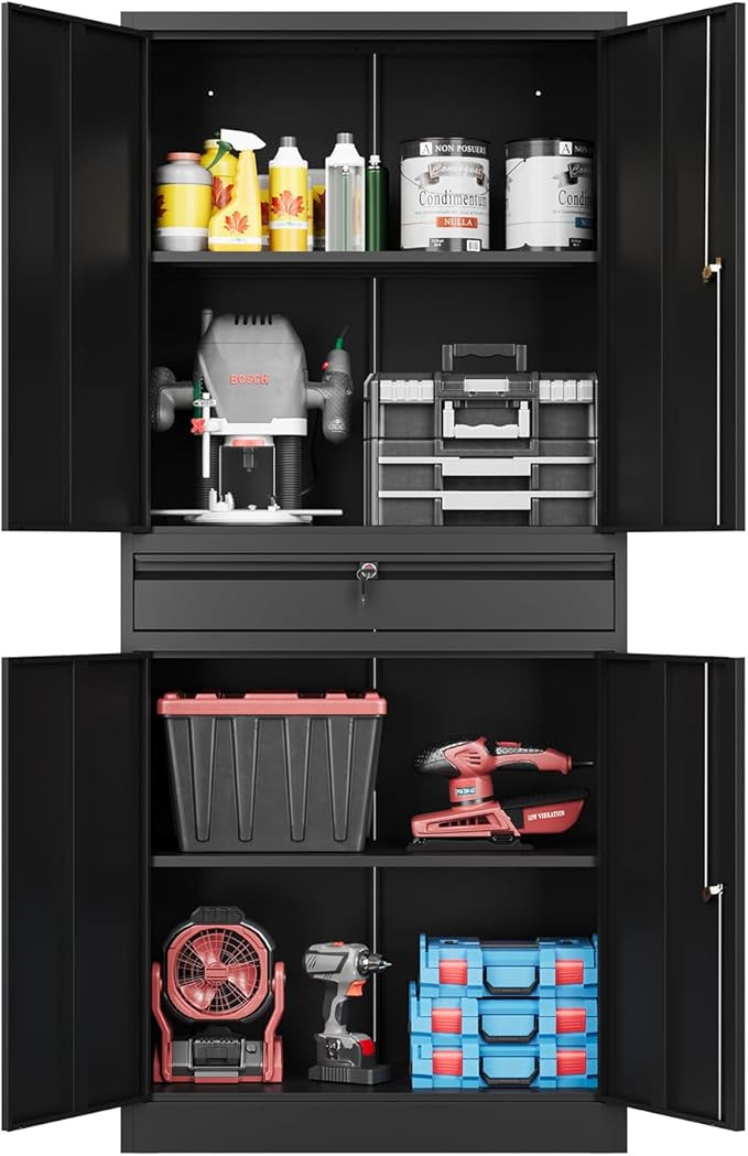 71" Metal Cabinet-Black Heavy Duty Storage File Cabinet Steel Tool Cabinets with Shelves, Lockable Doors and Drawers- for Garage, Pantry, Warehouse - Assembly Required