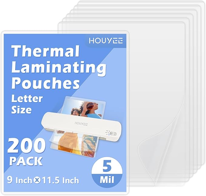 HOUYEE 200 Pack 5 Mil Thermal Laminating Sheets, Hold 8.5 x 11 Inch Sheets, Ultra Clear Laminating Pouches, 9 x 11.5 Inch Lamination Sheet Paper for Laminator, Letter Size, Office and School Supplies
