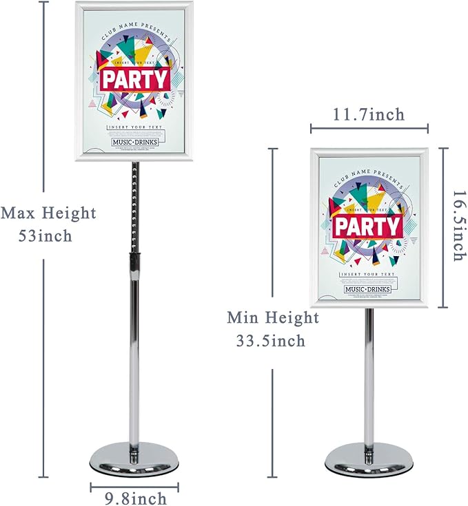 Pedestal Poster Stand, Adjustable Aluminum 11 x 17 Floor Standing Holder for Vertical and Horizontal View Sign Display, Silver