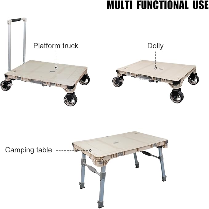 3 Pieces Camping Table Cart Set Multi-Purpose Used as Picnic Table & Dolly & Platform Truck 3-in-1 Wagon with Swivel Wheels for Camping Travel Shopping Outdoor (1 Cart and 2 Crates)