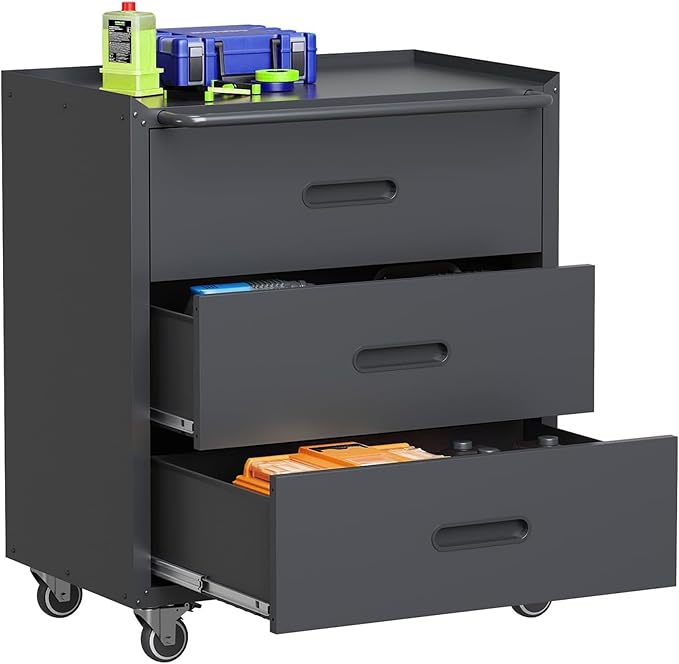 Metal Garage Storage Cabinet with Wheels, Lockable Rolling Tool Cabinet with 3 Drawers, Heavy Duty Mobile Steel Cabinet for Garage Warehouse Workshop