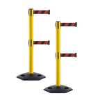 CCW Series WBB-200D - Set of 2 Retractable Dual Belt Stanchion Safety Barrier, Heavy-Duty Rubber Base Yellow Post (9 Foot Belt, Black and Red Diagonal Belt)