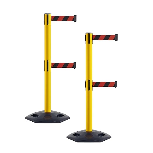 CCW Series WBB-200D - Set of 2 Retractable Dual Belt Stanchion Safety Barrier, Heavy-Duty Rubber Base Yellow Post (9 Foot Belt, Black and Red Diagonal Belt)