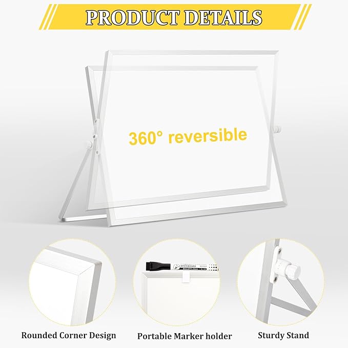 Dry Erase Magnetic White Board, 16" x 12" Double-Sided Desktop Whiteboard with Stand, Portable Small Whiteboard Set for Drawing, Office, Home, School
