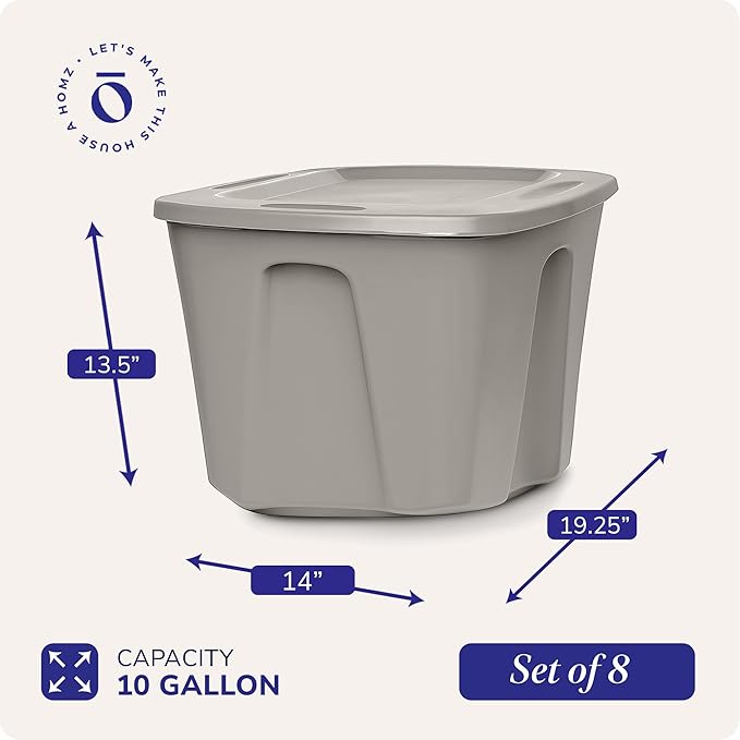 HOMZ 8-Pack Durable Molded Bin, Plastic Storage Containers with Lids, 10 Gallon, Silver - Stackable Organizer Totes and Boxes for Bedroom, Kitchen, and Garage Organization