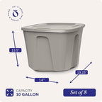 HOMZ 8-Pack Durable Molded Bin, Plastic Storage Containers with Lids, 10 Gallon, Silver - Stackable Organizer Totes and Boxes for Bedroom, Kitchen, and Garage Organization