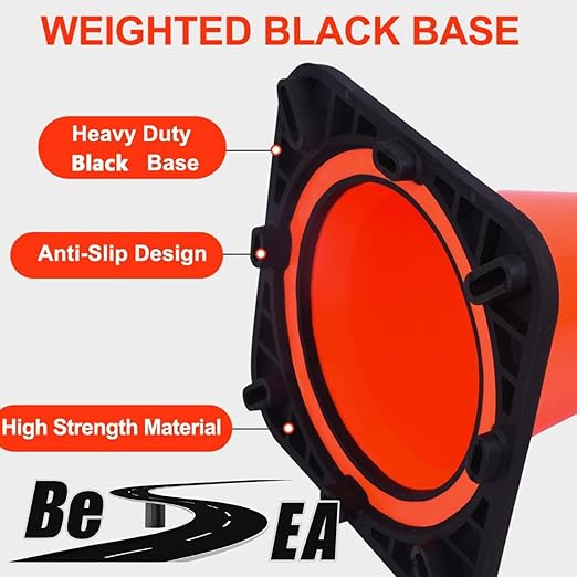 (8 Cones) BESEA 18" inch Traffic Cones Traffic Safety Cones Black Base Construction Road Parking Cone with 6" Highly Reflective Collar(8 Pack)
