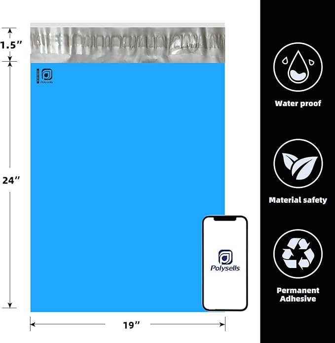 POLYSELLS 400 pcs 19x24 Inches Blue Poly Mailers Shipping Envelopes, Strong Adhesive Sealing, Waterproof, and Tear-resistant Postal Mailing Bags for Clothing, Books, and Accessories