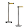 CCW Series RBB-100 - Set of 2 Stanchion Retractable Belt Barriers (7.5 Foot Belt, Yellow with"Beware Open Pit" Black Letters Belt with Satin Stainless Steel Post)