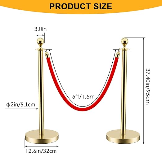 LOVMOR 6PCS Gold Stanchion Posts Queue, 38 Inch Red Velvet Rope, 5 FT Red Carpet Ropes and Poles, Crowd Control Barriers Queue Line Rope, Barriers for Party Supplies
