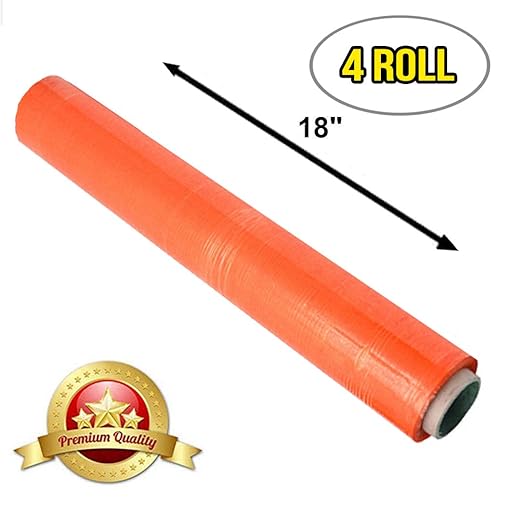 APQ 4 Rolls of Blown Hand Stretch Film 18" x 1500'. Orange Hand Stretch Wrap, 80 Gauge. Tear Resistant Residue Free Film for Moving, Shipping, Wrapping. Industrial Grade Pallet Shrink Wrap Film.