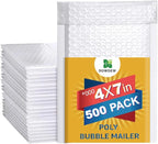 Water Resistant Bubble Envelope Mailers [500 Pack] 4 inch x 7 inch #000 White Poly Padded Shipping Envelopes Self Sealing Cushioned Packaging Bags