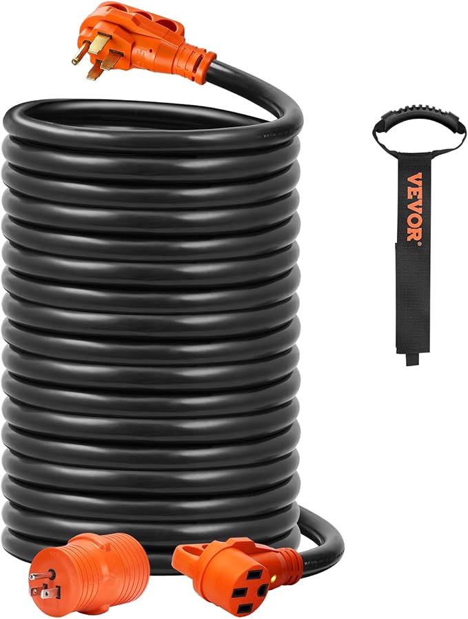 VEVOR 50 Amp RV Extension Cord 50 Feet, Heavy Duty STW 6/3+8/1 AWG Power Cord NEMA 14-50P to 14-50R, with 15A Adapter, LED Power Indicator, for RV Generator Camper, ETL Listed