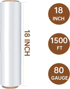 Stretch Wrap Roll, 18" x 1500ft 80 Gauge Heavy Duty Shrink Wrap Alternative, Clear Industrial Strength Stretch Film, Plastic Wrap for Moving, Packing, Pallet, Furniture(4 Rolls)