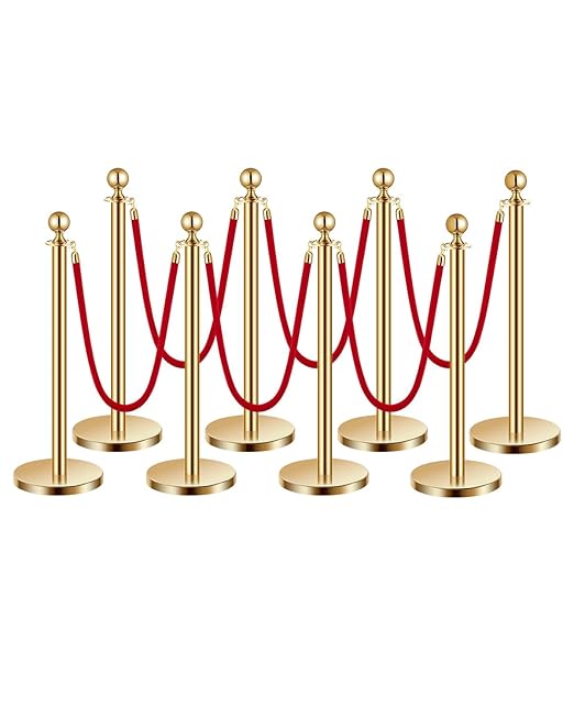 VEVOR Stanchions and Velvet Ropes 8Pcs, Hollow Base with Stainless Steel Post, 6 Red Velvet Ropes and Posts, Crowd Control Barriers Gold Stanchions, Red Carpet Runner Poles for Party Supplies