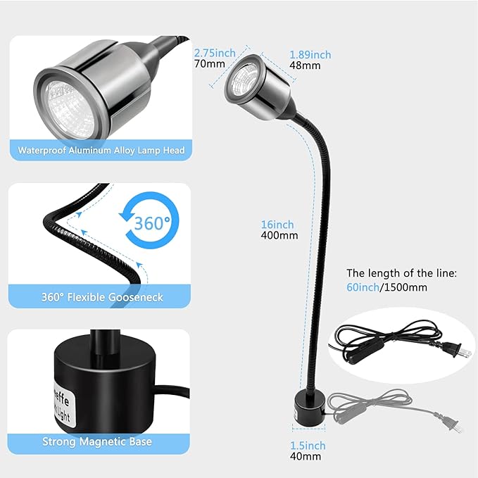 Magnetic LED Work Light with Flexible Gooseneck and Magnetic Base, Magnetic LED Lamp 750 Lumen for Workshop, Lathe, Sewing Machine, Grill Lighting