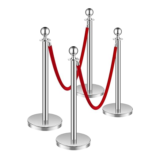 VEVOR Stanchions and Velvet Ropes 4Pcs, Hollow Base with Stainless Steel Post, 2 Red Velvet Ropes and Posts, Crowd Control Barriers Silver Stanchions, Red Carpet Runner Poles for Party Supplies