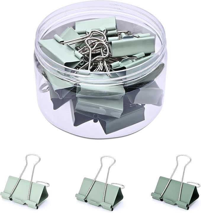 Temiary Aesthetic Binder Clips, 24 Pcs 1.26 Inches Small Metal Binder Clip with Clear Storage Container, Binding Paperwork Clamps for School Teachers Office Supplies (Green)