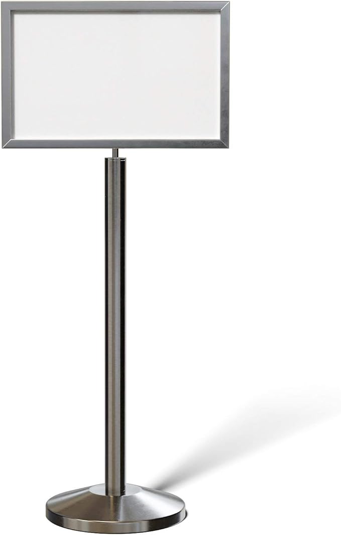 Crowd Control Warehouse Pedestal Standing Floor Sign Frame with Sloped Base, 14x22 Inch Horizontal, Satin Stainless Steel