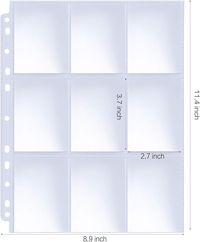Trading Card Sleeve Pages, HERKKA 200 Pack 9 Pocket Album Pages 11 Holes Fit 3 Ring Binder