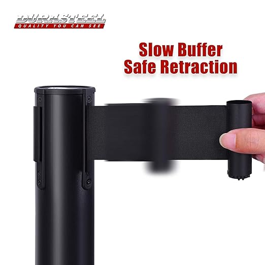 DuraSteel Crowd Control Barriers Stanchions with Retractable Belts & Sign Holder - Metal Stanchion Posts w/ 6.5ft Black Retractable Barrier Belt Ropes - Queue VIP Safety Line Dividers - Set of 6 Poles