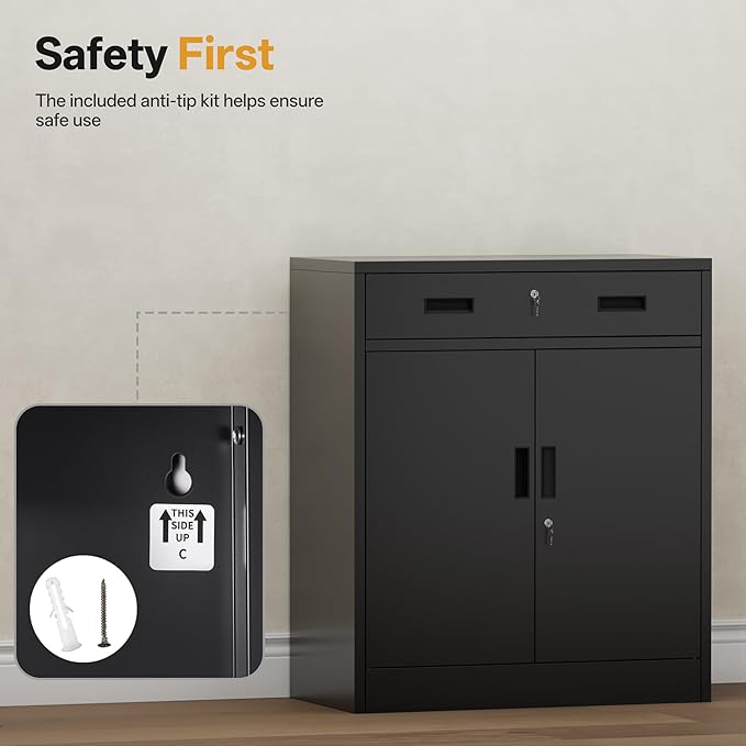Metal Storage Cabinet 36" H, Garage Storage Cabinet with 2 Lockable Doors and 1 Drawer, Steel File Cabinets with Adjustable Shelves for Home Office, Garage, School, Apartment, Warehouse