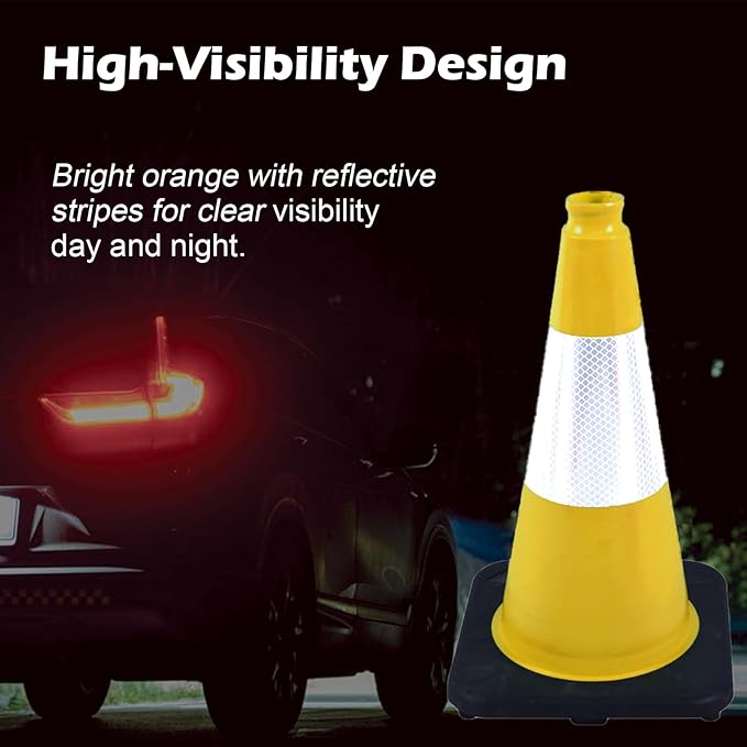 4 Pack 18 Inch Yellow PVC Safety Cones Black Base Stable, Perfect for Parking Practice, Driving School, Construction and Outdoor Sports (4, Yellow, 18 Inch)