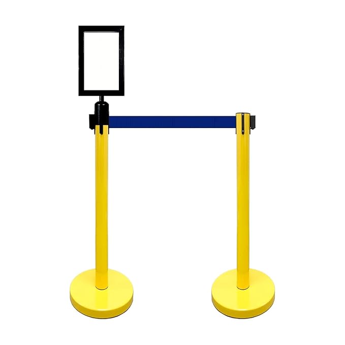 VIP Crowd Control Retractable Belt Stanchion Queue Safety Barrier Set, 36" Ht, 78" Belt + Wall Bracket (6 YEL Posts Blue Belt + SFrame + WBracket)