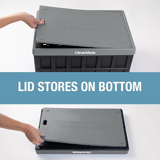 CleverMade Collapsible Storage Bins with Lids- Obsidian 3 Pack 62L - Plastic Containers Stackable Organization Crates Home Closet Space-Saving Durable