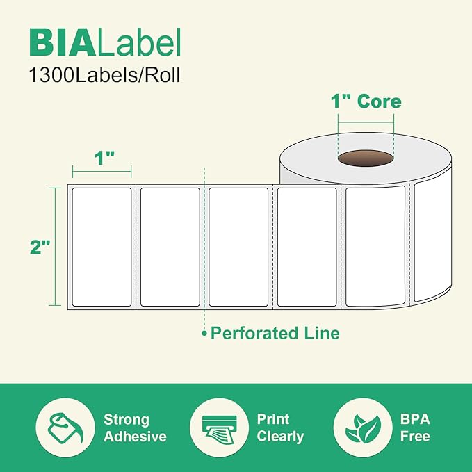 12 Rolls 2" X 1" Thermal Labels, 1300/Roll - Direct Thermal Labels Compatible with Zebra & Rollo Printers, BIAlabel
