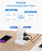 Power Strip Tower with Surge Protector 1800J, Fast Charging Tower PD20W USB-C Ports with 8 AC Outlets, 6ft Extension Cord for Home Office Dorm Room, White