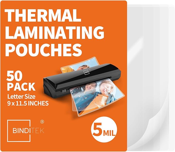 Binditek 50 Pack 5 Mil Thermal Laminating Pouches, 9x11.5 Inches Laminating Sheets, for Letter Size, Ultra Clear, Glossy, Hold 8.5x11 Inches, Heat Seal, School Office Supplies