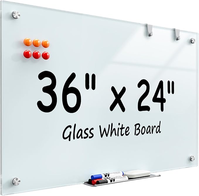 MaxGear Glass Whiteboard 36x24 Inches Wall Mounted, Magnetic White Board with 1 Eraser, 1 Accessory Tray, 4 Markers and 6 Magnets, Large Frameless Dry Erase Board for Office, School, Home