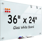 MaxGear Glass Whiteboard 36x24 Inches Wall Mounted, Magnetic White Board with 1 Eraser, 1 Accessory Tray, 4 Markers and 6 Magnets, Large Frameless Dry Erase Board for Office, School, Home
