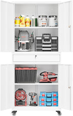 73" Metal Cabinet-White Heavy Duty Rolling Storage Cabinet Steel Tool Cabinets with Wheels, Shelves, Lockable Doors and Drawers- for Garage, Pantry, Warehouse Home Office- Assembly Required