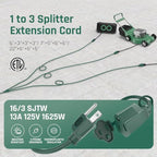 15FT Outdoor Green Extension Cord with Multiple Outlets, Evenly Spaced 3 Outlets, Light Duty 16/3 SJTW Cable with Grounded Plugs, 13AMP 1625W 125V 16AWG, ETL Listed