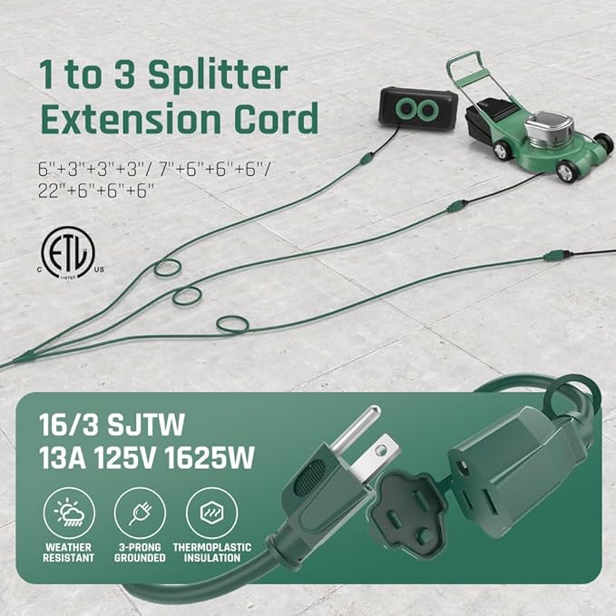 15FT Outdoor Green Extension Cord with Multiple Outlets, Evenly Spaced 3 Outlets, Light Duty 16/3 SJTW Cable with Grounded Plugs, 13AMP 1625W 125V 16AWG, ETL Listed