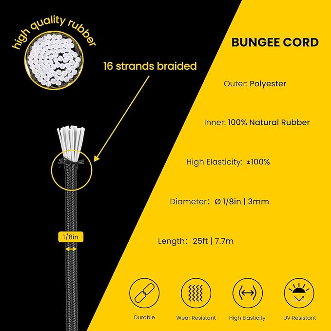 Bungee Cord Elastic Shock Cord 1/8" x 25' Bungee Rope for DIY, Tie Downs, Kayak and Outdoor - Black