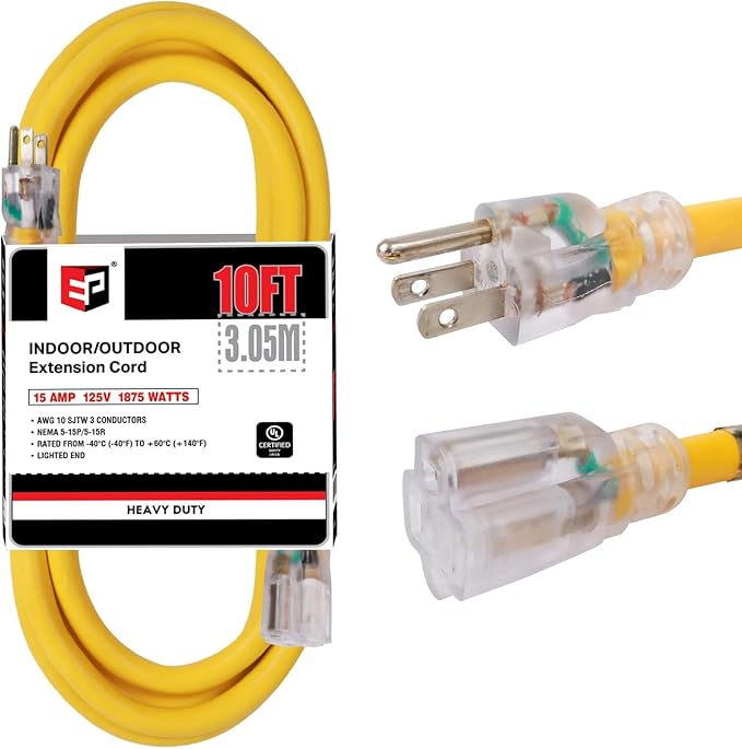 EP 10 Ft Lighted Outdoor Extension Cord - 10/3 SJTW Heavy Duty Yellow Extension Cable with 3 Prong Grounded Plug for Safety, ETL Listed