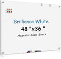MaxGear Glass White Board 48x36 Inches Brilliance White Magnetic Dry Erase Board Wall Mounted Whiteboard, Large Frameless Whiteboard with 1 Eraser,3 Markers and 6 Magnets for Office, School, Home
