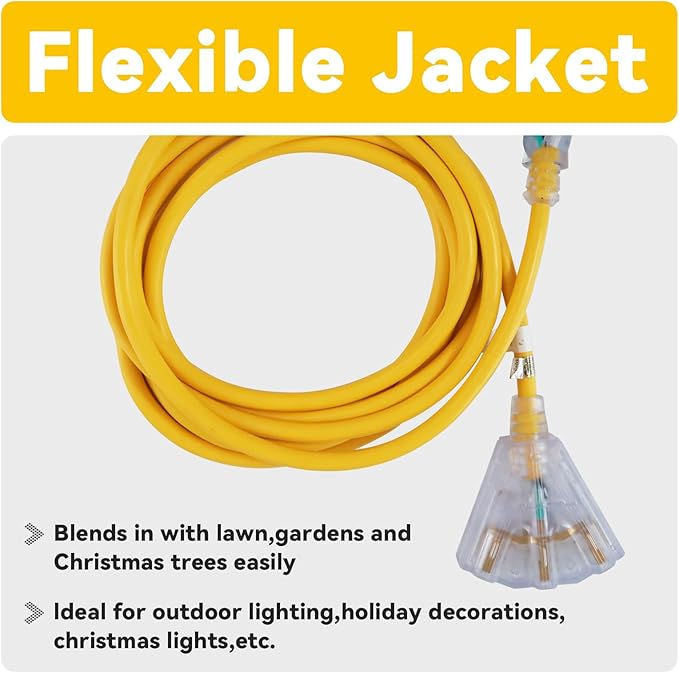 EP 8 Ft 12 Gauge Heavy Duty Extension Cord, 15A 125V 1875W, 3 Outlet Indoor/Outdoor Power Cord with Lighted End, 12/3 SJTW Weatherproof Yellow, UL Listed