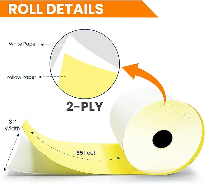 (32 Rolls) 2 Ply Kitchen Printer Paper White/Yellow Carbonless Rolls 3” x 95 Feet Receipt Rolls–Compatible with Star SP700 Printer Paper, SP2000 UP389 & Omni 480 220 250–Ribbons Required–Non Thermal