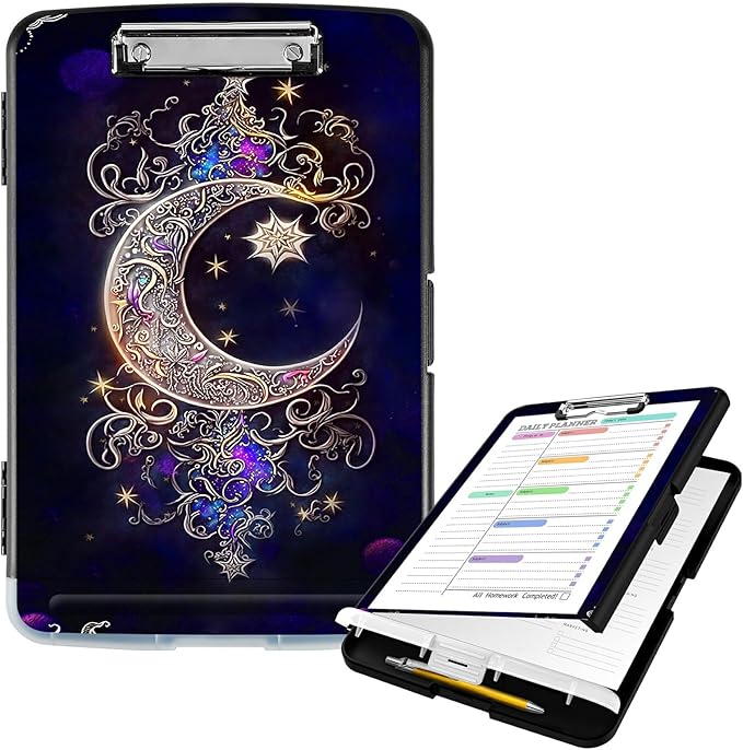 Clipboard with Storage High Capacity Plastic Nursing Clipboards with Pen Holder File Folder Storage Box Clipboard with Heavy Duty Clips for Teacher,Doctor,Offices-Moon Star Galaxy Floral